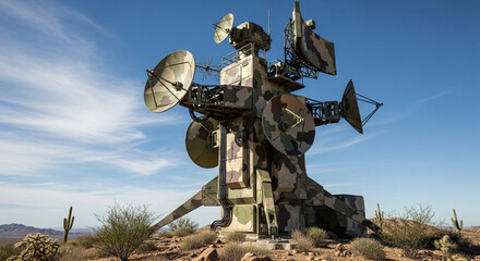 military antenna rises against twilight, scanning silent horizons with precise metallic arcs and unwavering digital vigilance.
