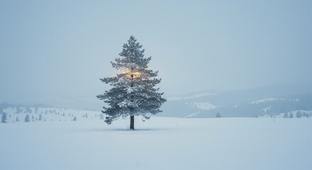 Winter scene single evergreen tree in snow