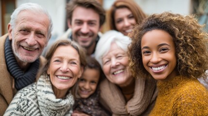 group of multigenerational people smiling in front of camera multiracial friends of different ages having fun together main focus on caucasian senior faces no logos no brands ar 169