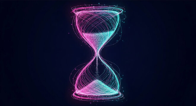 Abstract hourglass, glowing pink and teal lines, particles flowing, dark background, symbolizes time, ephemerality, and passage