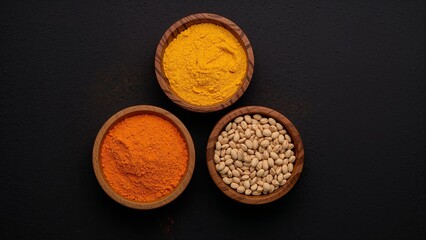 Three Wooden Bowls with Colorful Spices and Nuts on Dark Background, Top View.