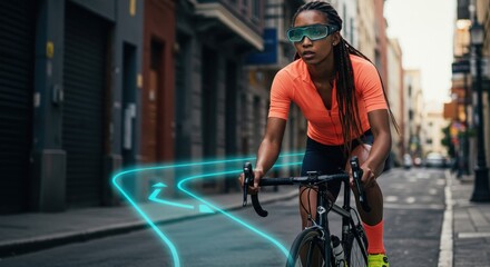 Woman cycling in city street