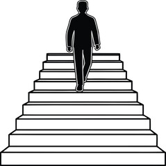 Black silhouette of a man walking down a set of white stairs steps