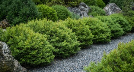 Fototapeta premium Manicured Greenery. A Tranquil Garden Scene Featuring Dwarf Conifers and Rock Formations.