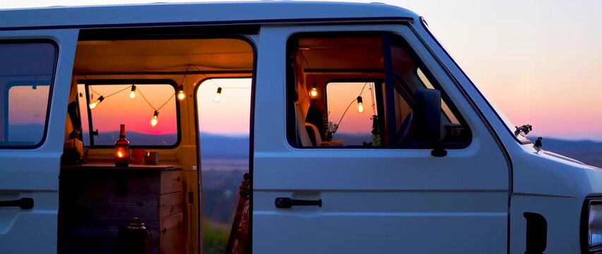 Sunset view from open van doors