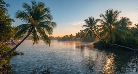 Obraz premium Tropical River at Sunrise, Palm Trees and Mist Create a Serene Landscape.