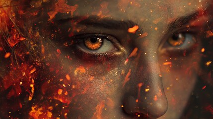 Naklejka premium Mesmerizing eyes pierce through fiery particles, conveying intense emotion and dramatic transformation.