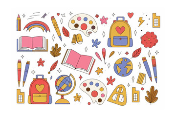 Education Theme Illustrations: An eye-catching, hand-drawn illustration, a collection of school and art-related elements perfectly encapsulating the essence of learning and creativity.