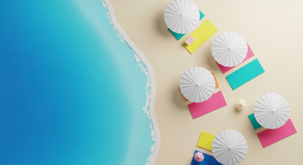 Overhead view of beach scene with white umbrellas on colorful mats near blue ocean, showcasing summer vacation concept, ideal for travel or holiday advertising