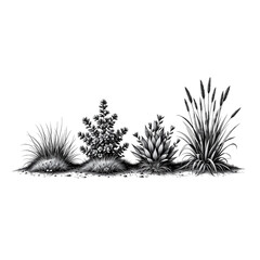 Black and White Illustration of Unique Plant Silhouettes and Foliage
