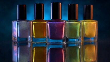 Stunning collection of vibrant nail polish bottles sparkling with iridescent color and reflected beauty, perfect for beauty marketing
