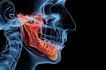 3d rendering of the human jaw bone anatomy, highlighting the mandible, maxilla, and temporomandibular joint for medical use