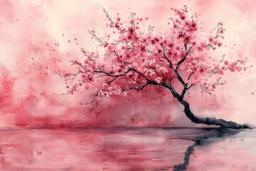 A delicate watercolor painting of a blooming cherry blossom tree, soft pastel tones blending seamlessly, light brush strokes creating an airy, dreamlike effect. 