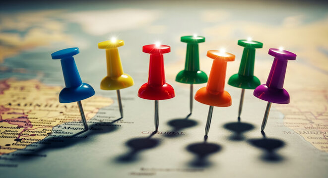 Colorful pushpins on a world map, symbolizing travel, destinations, or global reach.  Represents planning, exploration, and connection - Powered by Adobe