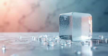 A single large ice cube glistens on a marble surface, surrounded by scattered droplets.
