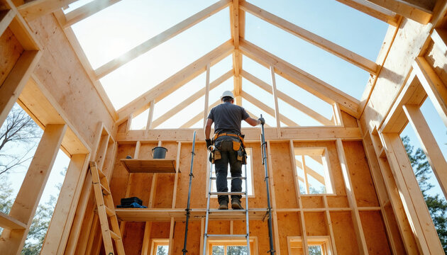Low-angle shot of a construction worker climbing scaffolding inside a wooden frame house under bright natural light.