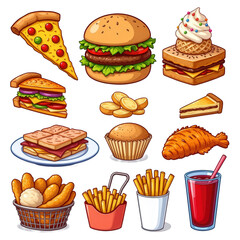 Colorful Fast Food Icons Featuring Pizza, Burger, and Snacks