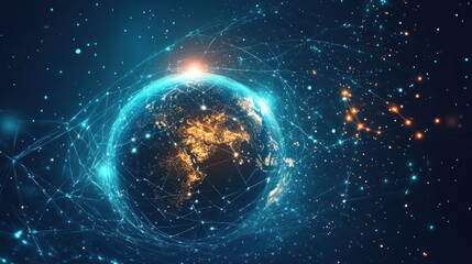 A blue and yellow planet surrounded by a network of connected li