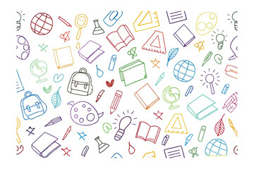 Colorful Education Pattern: A vibrant educational pattern featuring a range of school-related illustrations, perfect for back-to-school projects, promoting a sense of curiosity and knowledge.
