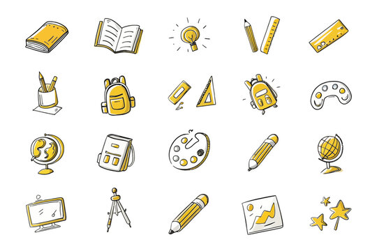 Iconic School Essentials: A collection of stylized illustrations featuring an array of school supplies, ideal for educational or learning-themed projects.