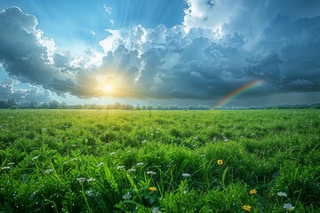 A serene summer landscape with a vast green field and a blue sky dotted with fluffy clouds and a rainbow