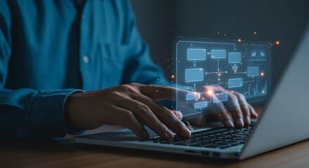 Person interacting with digital flowchart digital interface