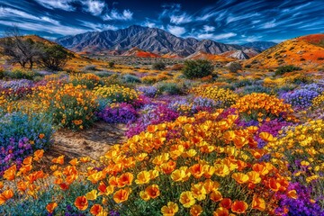A colorful autumn landscape with vibrant yellow, orange, and red chrysanthemums blooming in a mountain meadow