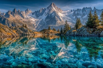 Winter landscape with a tranquil mountain lake reflecting snow-covered peaks, high in the Alps