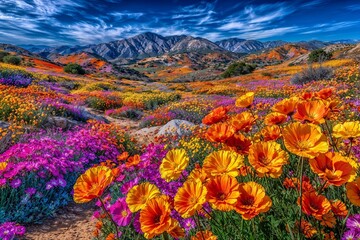 An orange and yellow floral field in the colorful autumn mountains