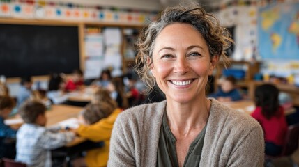 teacher smiling at camera in classroom at the elementary school no logos no brands ar 169