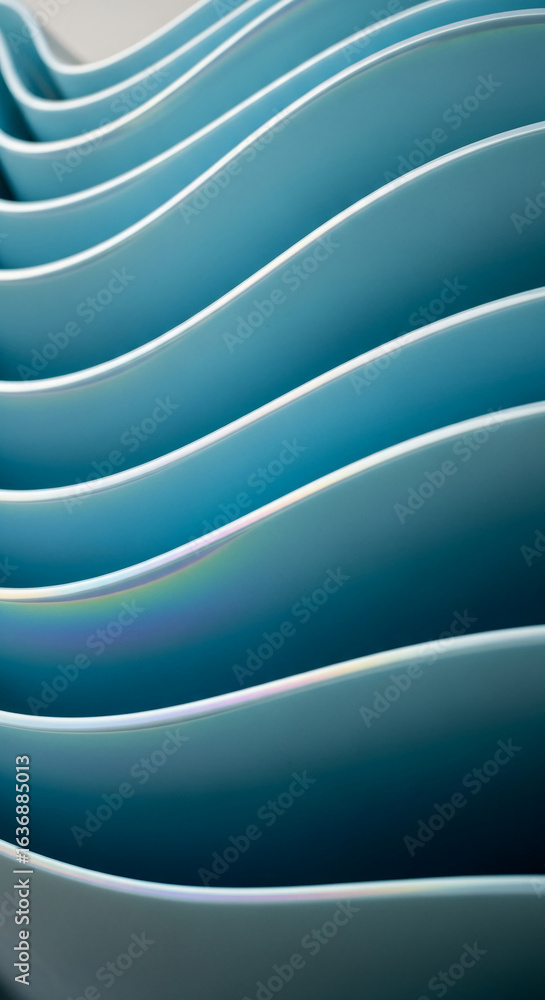 Poster close-up of teal-colored curved surfaces creating a wave-like pattern, showcasing smooth texture and