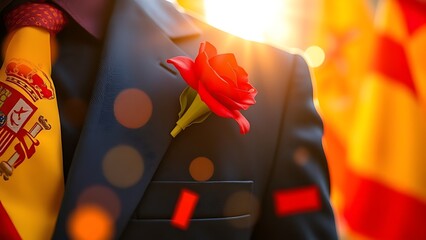 A red carnation pinned on a navy blue jacket, golden sunlight filtering through festive flags and confetti.