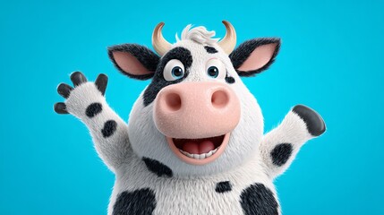 Naklejka premium Delightful cartoon cow waving hello with a friendly smile against a vibrant blue background