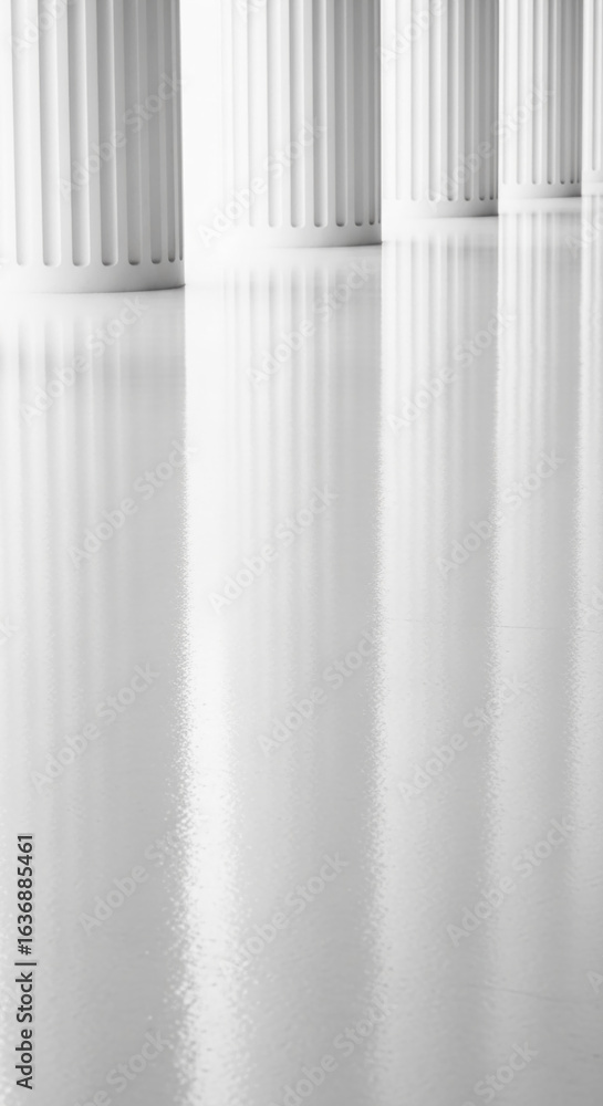 Poster white columns reflecting on glossy floor, minimalist architecture scene showcasing clean lines and s
