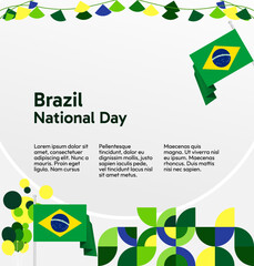 Brazil National Independence Day post template. Modern geometric abstract background in flag colors for Brazil Day, September 7th. Brazil Independence Day greeting card cover with flag and geometric