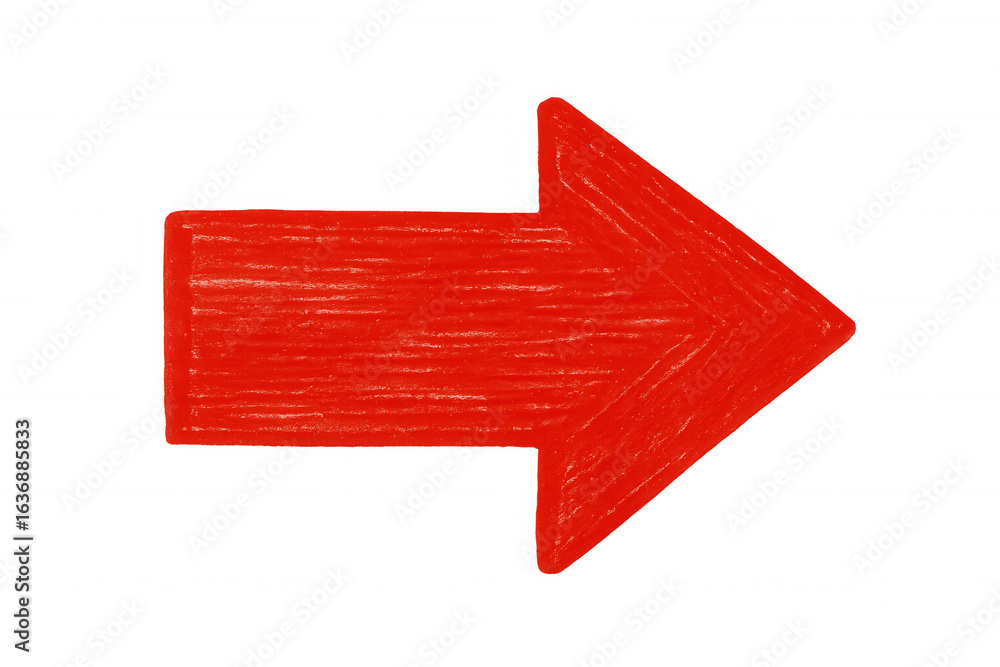Poster red rough-textured arrow directing rightward against transparent backdrop