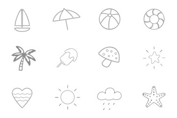Summer Icons: A collection of grayscale illustrations evoking the joys of summer days, presenting a clean, minimalist aesthetic for your sunny projects.