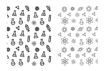 Scientific Seamless Pattern: Two detailed black-and-white illustration of a science-themed seamless pattern.