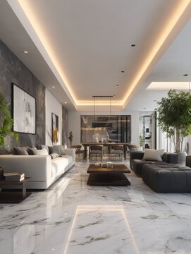 minimalist interior design for a living room marble flooring with a white false ceiling indirect light and spot lights modern furniture open space living area with a dining table in the back