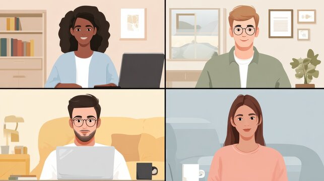 four diverse business people colleagues participate virtual team meeting on video conference call social distance workers having remote videoconference online chat computer videocall app screen view 