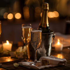 Champagne glasses and bottle in ice bucket on table with candles in soft focus background scene setting