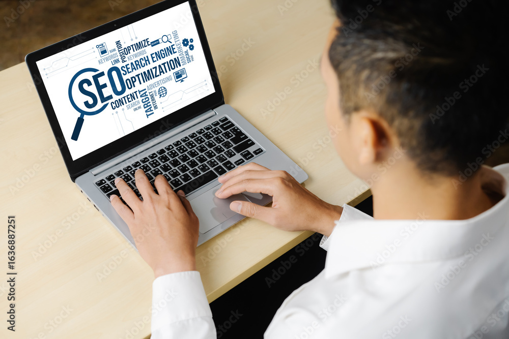 Poster seo search engine optimization for modish e-commerce and online retail business showing on computer 