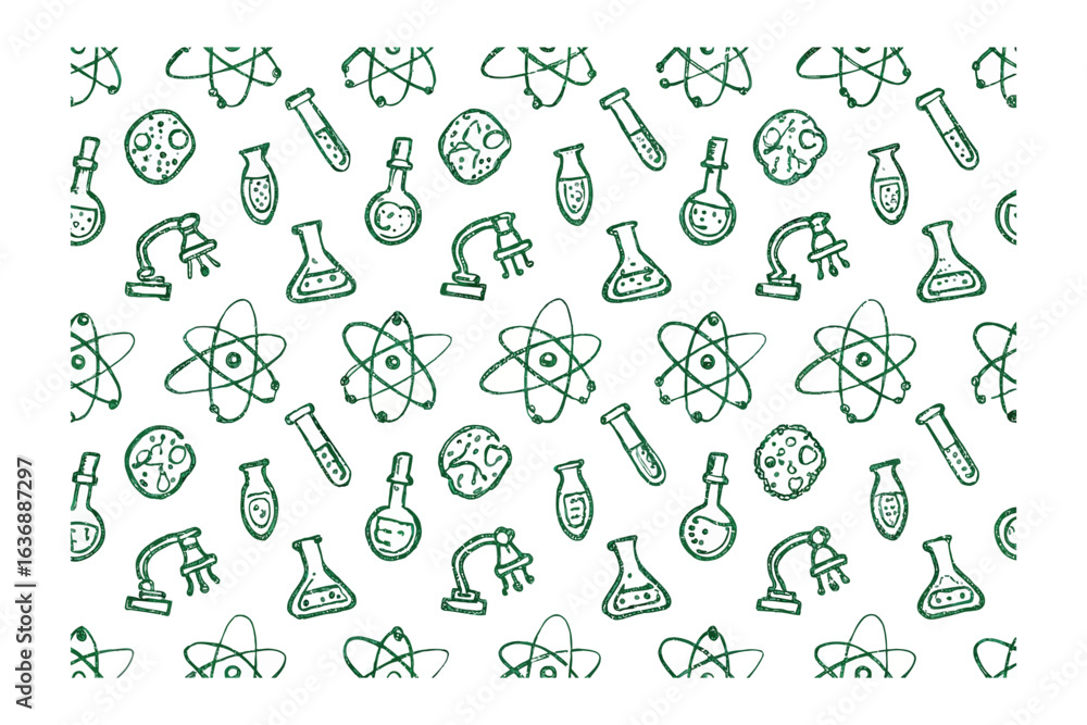 Poster science symbols pattern: a repetitive design showcasing key scientific symbols, including atomic mod