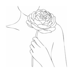 Elegant lady holding a peony flower line art drawing