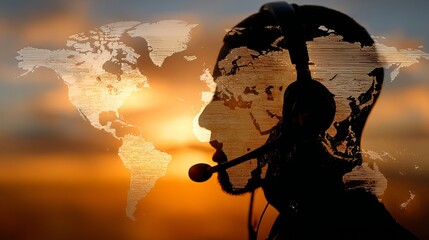 Global communication expert connecting worldwide with headphones and microphone against vibrant sunset backdrop
