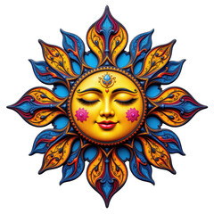 Colorful Sun Face Design with Floral Elements and Artistic Features