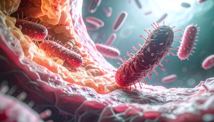 Helicobacter Pylori Bacteria Colonizing the Stomach Lining &mdash; 3D Medical Illustration

