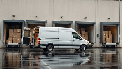 White delivery van with open side door at a busy loading dock with stacked boxes on wet ground.
