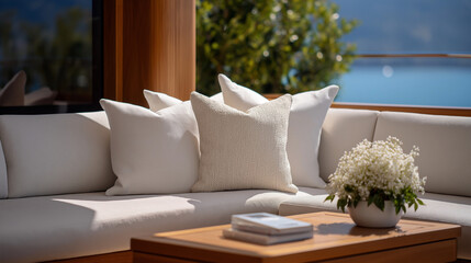 Relaxing on a yacht with a book and cushioned deck seating