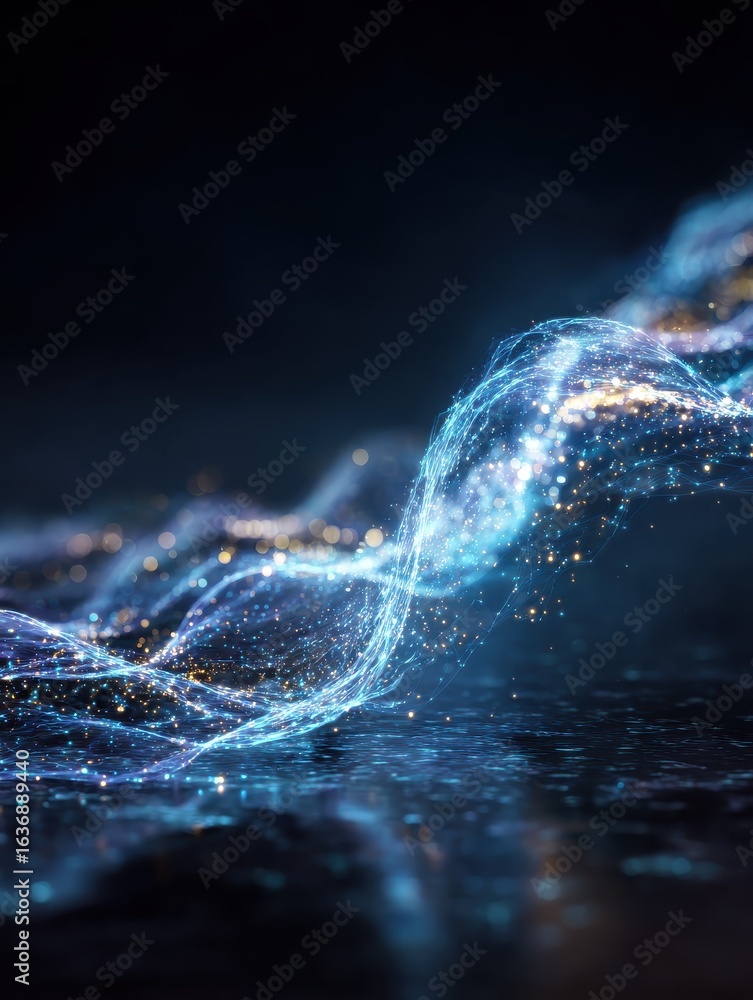 Poster dynamic glowing blue wave with sparkling highlights on a dark background creating a futuristic energ